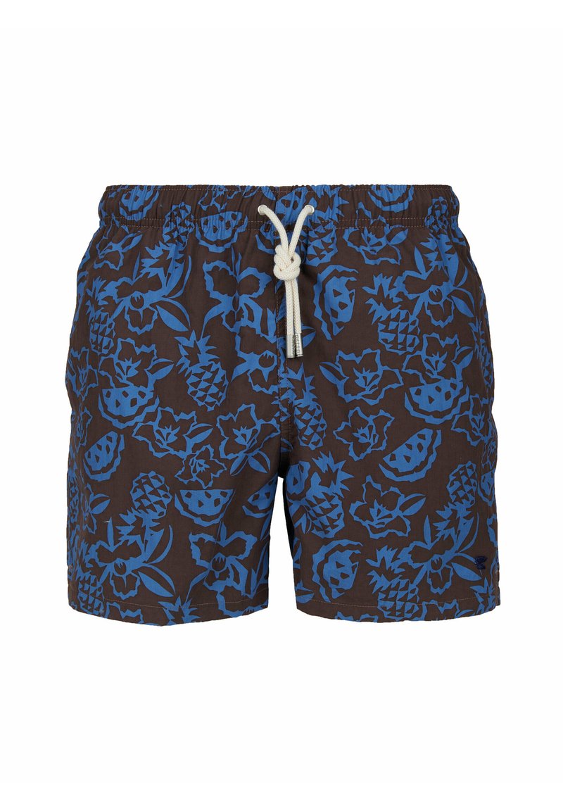 Costumi da bagno marroni con stampa floreale tropicale blu e ananas, dotati di un elastico in vita con lacci bianchi e punte in metallo.