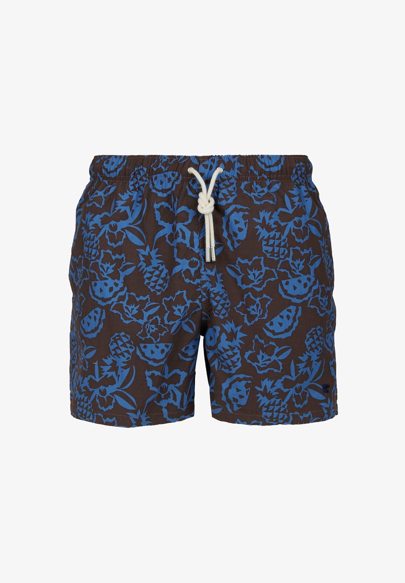 Braune Schwimmshorts mit blauem tropischem Blumen- und Ananasdruck, ausgestattet mit einem weißen Kordelzugbund mit metallischen Enden.
