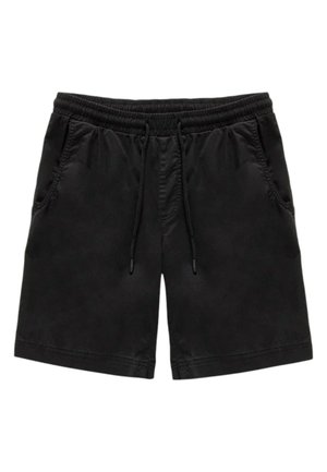 Zwarte elastische shorts met verstelbare trekkoorden, voorzien van twee zijzakken en een gladde textuur. Eenvoudig, functioneel ontwerp.