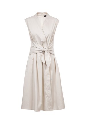 Sleeveless beige knee-length dress with V-neck, wide waistband tied in front, and pleated skirt.