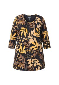Zwarte tuniek met driekwart mouwen, met een gele en bruine botanische bladeren- en bloemenprint.