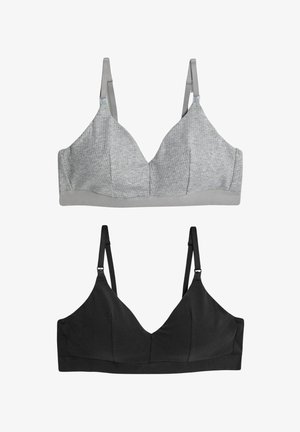 Twee beha's: bovenste in lichtgrijs ribbelstof met zachte cups; onderste in effen zwarte gladde stof, beide met verstelbare banden.