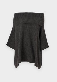 Haut tricot gris foncé à épaules dénudées avec un col côtelé, des manches amples et une silhouette décontractée. Texture douce et design décontracté.