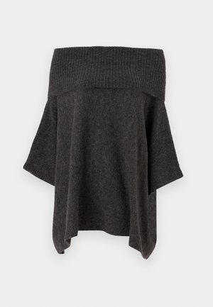 Off-the-shoulder, mørk grå strikkegenser med ribbestrikket halslinning, løse ermer og en avslappet silhuett. Myk tekstur og uformell design.