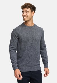 Grå strikket genser med rund hals og ribbestrikkede ermer og kant. Glatt tekstur og tettsittende design, egnet for hverdagsbruk.