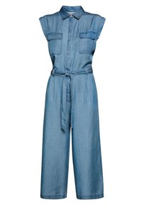 Salopette in denim con maniche corte, due tasche sul petto, chiusura frontale con bottoni e vita con cintura. Colore azzurro chiaro e design a gamba larga.