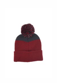 Gorro de lana en burdeos y gris, con un puño acanalado doblado y un pompón de piel en la parte superior. Textura suave con colores contrastantes.