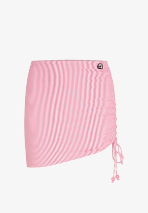 Rozā un baltā svītrota šorts ar sakārtotu sānu, regulējamu auklu ar pērļu izrotājumiem un logotipa birku uz jostas. Izgatavots no viegla auduma.