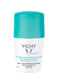 Vichy anti-perspirant treatment, 50ml, cylindrical white container, turquoise cap, hypoallergenic label, alcohol-free, for sensitive skin.