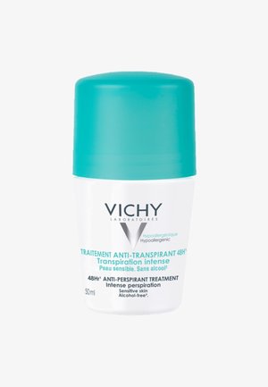 Vichy anti-perspirant treatment, 50ml, cylindrical white container, turquoise cap, hypoallergenic label, alcohol-free, for sensitive skin.
