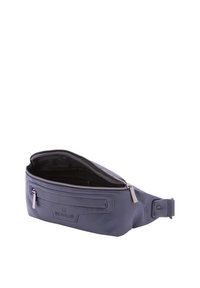 Marsupio in pelle blu navy con chiusura a zip sulla parte superiore e tasca frontale, caratterizzato da una finitura testurizzata e un logo marchiato sulla parte frontale.