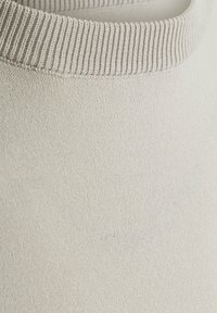 Lichtbeige gebreide trui met een textuurstof en een geribde halslijn. Het gladde oppervlak heeft een subtiele glans. Eenvoudig en eigentijds ontwerp.
