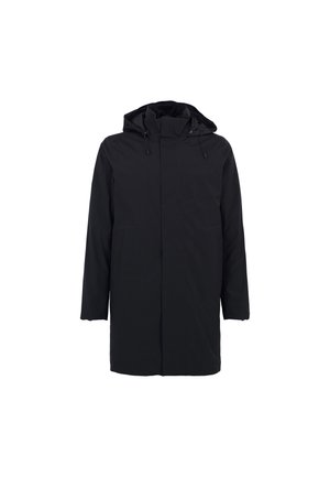 Zwarte waterdichte parka met capuchon, twee voorkozoeken en een rechte snit. Soepele textuur en minimalistisch ontwerp, geschikt voor verschillende weersomstandigheden.