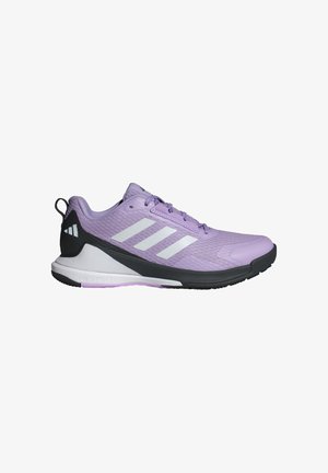 Lightweight athletic shoes in light purple with textured upper, three white stripes, black heel, and contrasting black outsole.