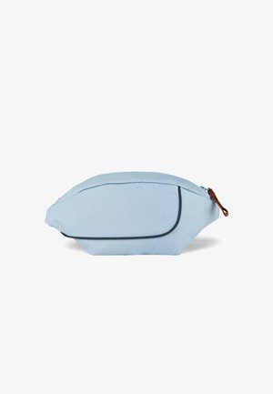 Light blue fabric pouch with a sleek, rounded shape, featuring a dark trim, a zip closure, and a stitched logo on the side.