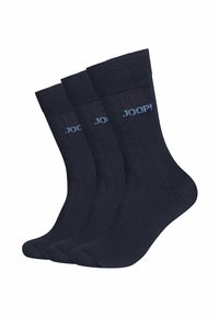 Calzini in cotone di un blu navy scuro, caratterizzati da un design a coste e un logo sottile in azzurro. Set di tre paia esposti insieme.