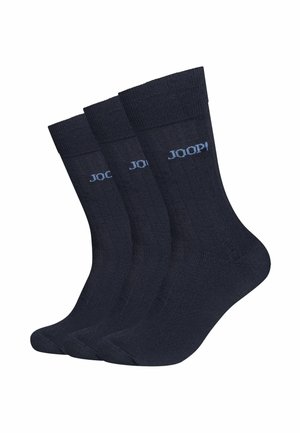 Baumwollsocken in dunkelblau, mit einem gerippten Design und einem subtilen Logo in hellblau. Set aus drei Paaren, die zusammen präsentiert werden.