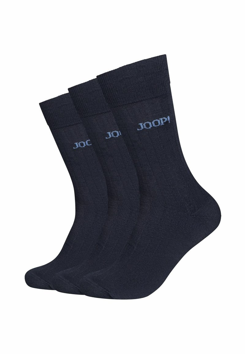 Calzini in cotone di un blu navy scuro, caratterizzati da un design a coste e un logo sottile in azzurro. Set di tre paia esposti insieme.