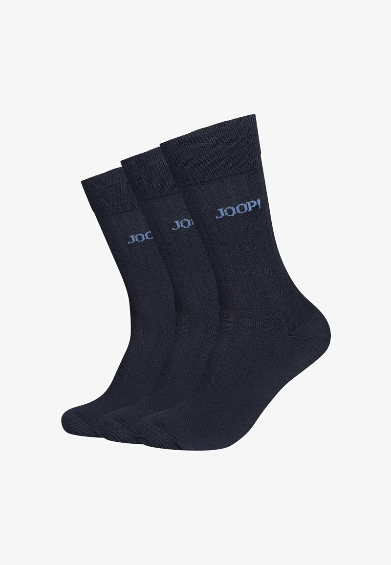 Calzini in cotone di un blu navy scuro, caratterizzati da un design a coste e un logo sottile in azzurro. Set di tre paia esposti insieme.
