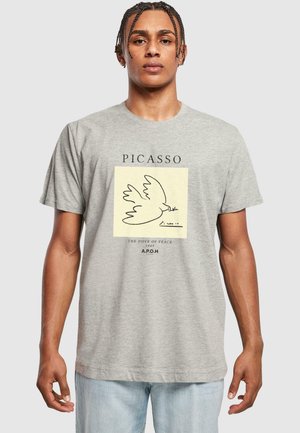 Graues Baumwoll-T-Shirt mit einer minimalistischen Picasso-Illustration einer Taube, begleitet von dem Text "DIE TAUBE DES FRIEDENS 1949" und "A.P.O.H."