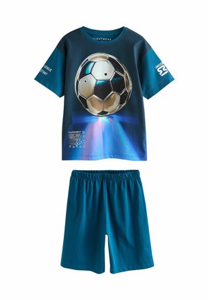 Completo da notte in cotone blu composto da una maglietta a maniche corte con una grafica di un pallone da calcio e pantaloni corti blu abbinati.