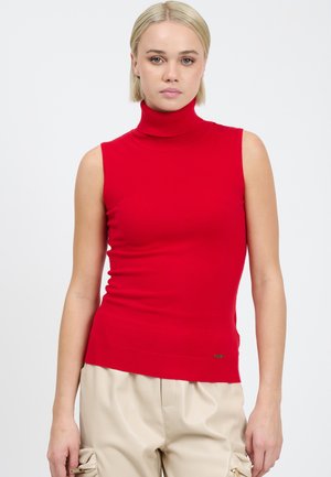Rød ærmeløs turtleneck sweater i en tætsiddende design, ribbet halsudskæring og kant, lavet af et glat strikmateriale. Gulllogo detaljeret ved kanten.