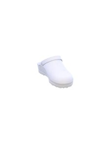 Weiße Clogs aus glattem Kunststoff mit geschlossener Zehenpartie, Rückenschnalle und strukturiertem Gummi-Außensohle für Halt. Einfaches Design, keine Muster.
