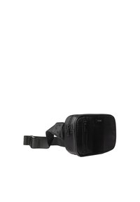 Borsa in nylon nera a vita con forma rettangolare, due scomparti con cerniera e una cintura regolabile. Presenta un piccolo logo sul davanti.