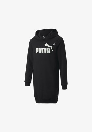 Zwarte hoodie met lange mouwen, met een groot wit "PUMA" logo en een afbeelding van een katachtige op de voorkant. Zachte stof, comfortabele pasvorm.