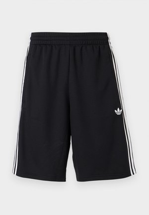 Schwarze Netzshorts mit weißen Seitenstreifen und einem kleinen weißen Logo vorne unten links. Elastischer Bund für eine bequeme Passform.