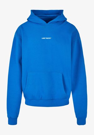 Blauer Kapuzenpullover aus Baumwollmischung. Mit einer praktischen Kängurutasche vorne und weißem Text "LOST YOUTH™" auf der Brust.