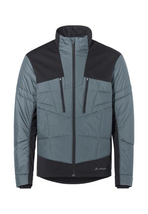 Veste matelassée avec un corps gris clair, des épaules noires, un col haut, et deux poches zippées sur la poitrine avec des motifs quiltés.