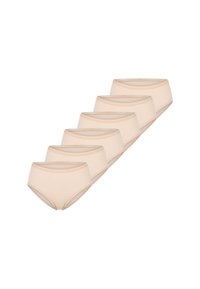 Beige katoenen hipsterslips met een soepele textuur, een mid-rise taille en een eenvoudig ontwerp met een zachte elastische tailleband. Zes stuks weergegeven.