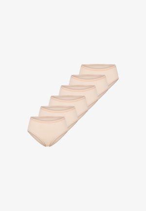 Beige cotton hipster briefs, featuring a smooth texture, mid-rise waist, and a simple design with a soft elastic waistband. Six pieces displayed.