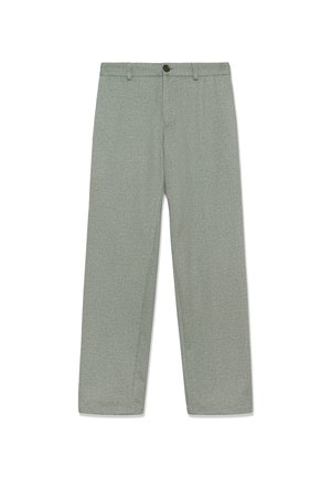 Šviesiai pilkos kelnės su subtilia tekstūra, tiesaus kirpimo kojos, su sagomis užsegamos priekinės kišenės.