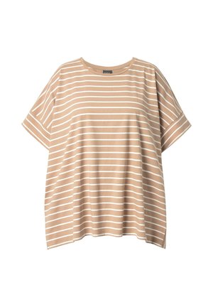 Beige T-shirt med korte ærmer med hvide horisontale striber og rund halsudskæring, vist mod en hvid baggrund.