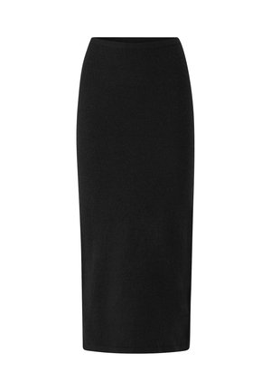 Black knee-length pencil skirt made from a stretchy fabric. Features a smooth texture and a fitted design with a wide waistband.