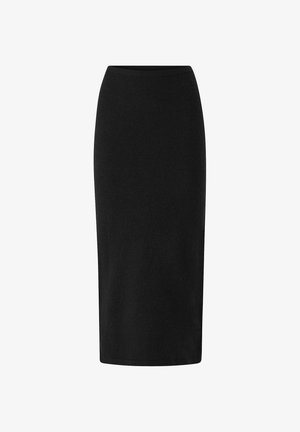 Schwarzer knielanger Bleistiftrock aus dehnbarem Stoff. Verfügt über eine glatte Textur und ein enganliegendes Design mit einem breiten Bund.