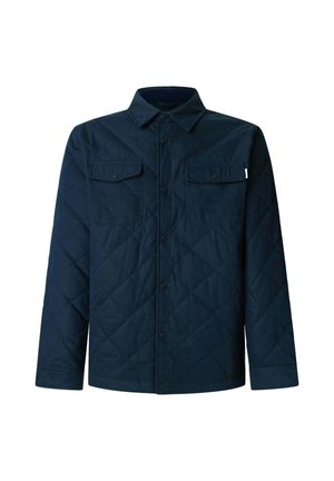 Marinefarbener, gesteppter Parka mit einem aufgeschlagenen Kragen, zwei Brusttaschen und einer vorderen Knopfleiste. Hergestellt aus einem strukturierten Stoff mit einem Rautenmuster.
