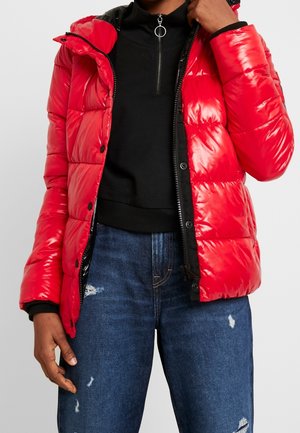 Rote Puffjacke mit glänzender Oberfläche, ausgestattet mit einer Kapuze, Reißverschluss und schwarzen Akzenten. Getragen über einem schwarzen Langarmoberteil und Jeans.
