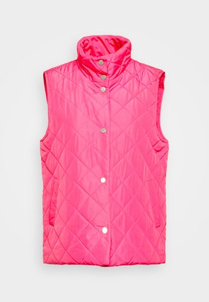 Colete cor-de-rosa acolchoado com gola alta, design sem mangas, fechos de pressão na frente e bolsos laterais. Textura sintética suave.