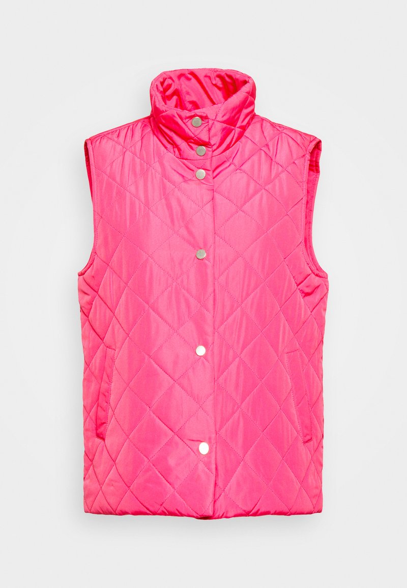 Colete cor-de-rosa acolchoado com gola alta, design sem mangas, fechos de pressão na frente e bolsos laterais. Textura sintética suave.