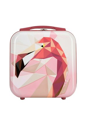 Hard-shell suitcase featuring a geometric flamingo design in shades of pink, with a solid red handle and subtle gloss finish.