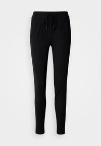 Pantaloni jogger negri din material moale și elastic; au talie cu șnur, pliuri și picioare conice pentru un aspect ajustat.