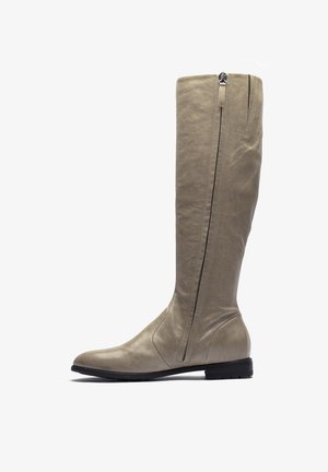 Stivali al ginocchio in pelle color taupe, caratterizzati da un design elegante, una texture sottile e una zip laterale per facilitarne la calzata, con punta arrotondata e suola piatta.