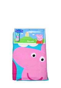 Peppa Pig kinderhanddoek, 70x140 cm, met een roze figuur op een blauwe achtergrond, met een zachte textuur en levendige kleuren.