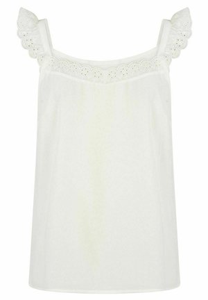 Top bianco senza maniche con scollo dritto e dettagli in pizzo arricciato sulle spalle, realizzato in un tessuto leggero e liscio.