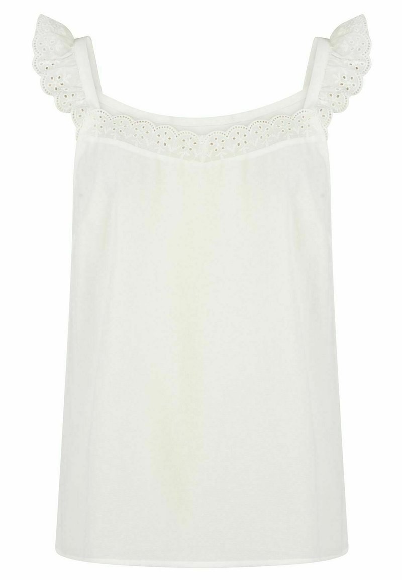 Haut blanc sans manches avec un décolleté droit et des accents en dentelle volantée sur les épaules, fabriqué dans un tissu lisse et léger.