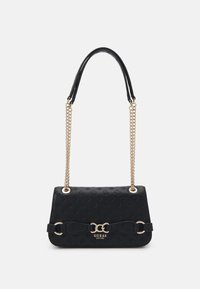 Borsa a mano in pelle sintetica nera con catena e tracolla dorate, dotata di un motivo in rilievo e di una chiusura con logo sul davanti.