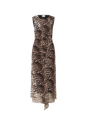 Ærmeløs kjole i leopardprint med rynket design, der har en flydende silhuet og en bindedetalje i kanten. Letvægtsstof.